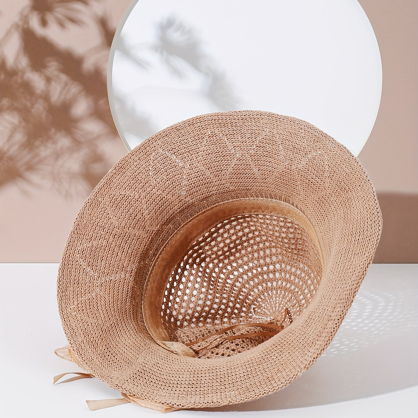 Khaki Hollow Out Sun Hat Ribbon Bowknot Summer Bucket Hat