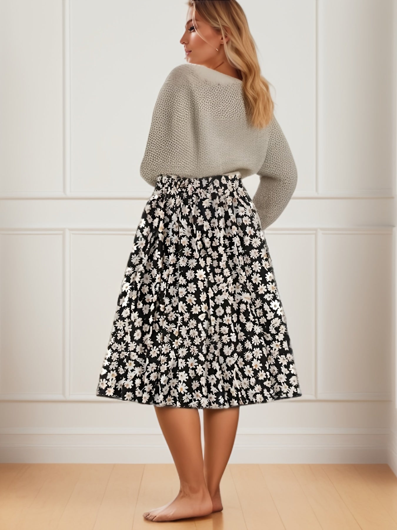 Daisy Print Maxi Skirt Elastic High Rise Slight Stretch