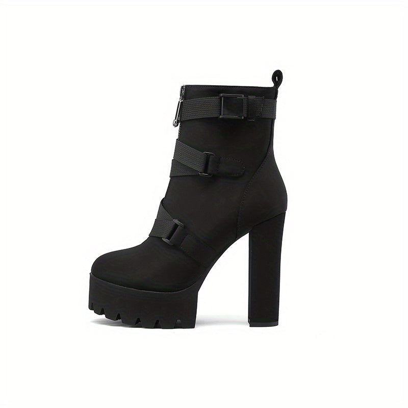 Women's Platform Chunky High Heel Boots Zipper Round Toe Buckle Belt Shoes