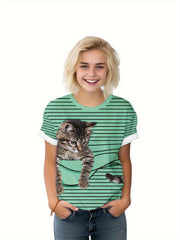 Kids Striped Kitty Graphic T-shirt - Summer Sports Clothes