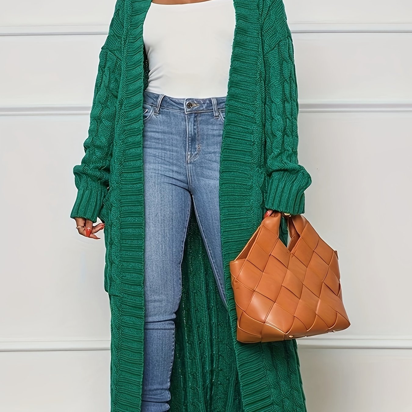 Cable Knit Open Front Longline Cardigan with Pockets