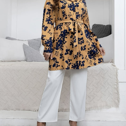 Floral Print Long Sleeve Blouse with Belt