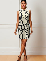 Abstract Print Mock Neck Dress Sleeveless Mini Dress
