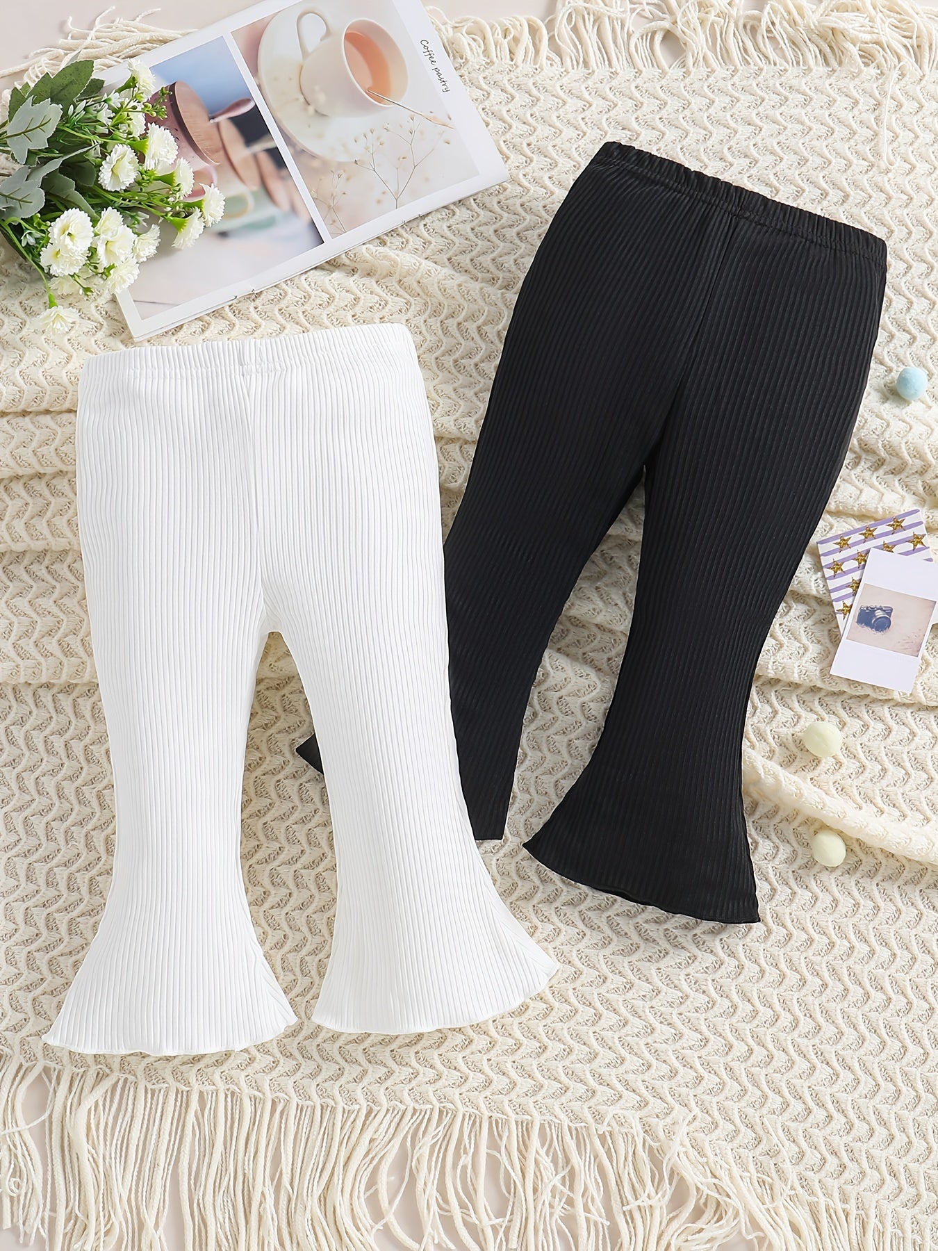 Cute Toddler Girls Flare Leg Pants Set 2pcs, Plain