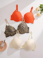 3 Pack Sexy Plus Bras Set Solid & Leopard Print Underwire Everyday 3pcs