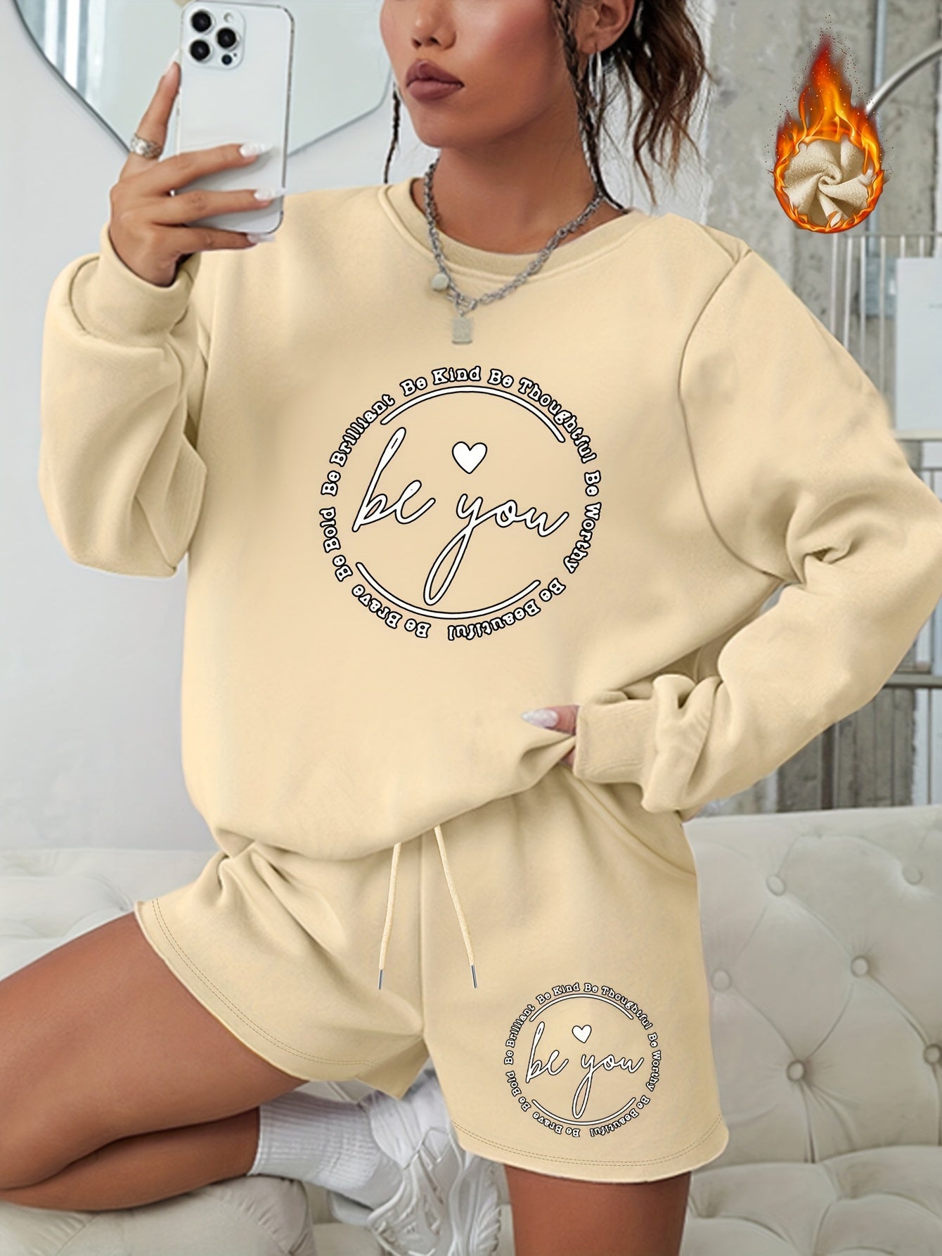 Slogan & Heart Print Sweatshirt & Shorts Set