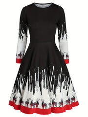 Colorblock Deer Print Round Neck Dress
