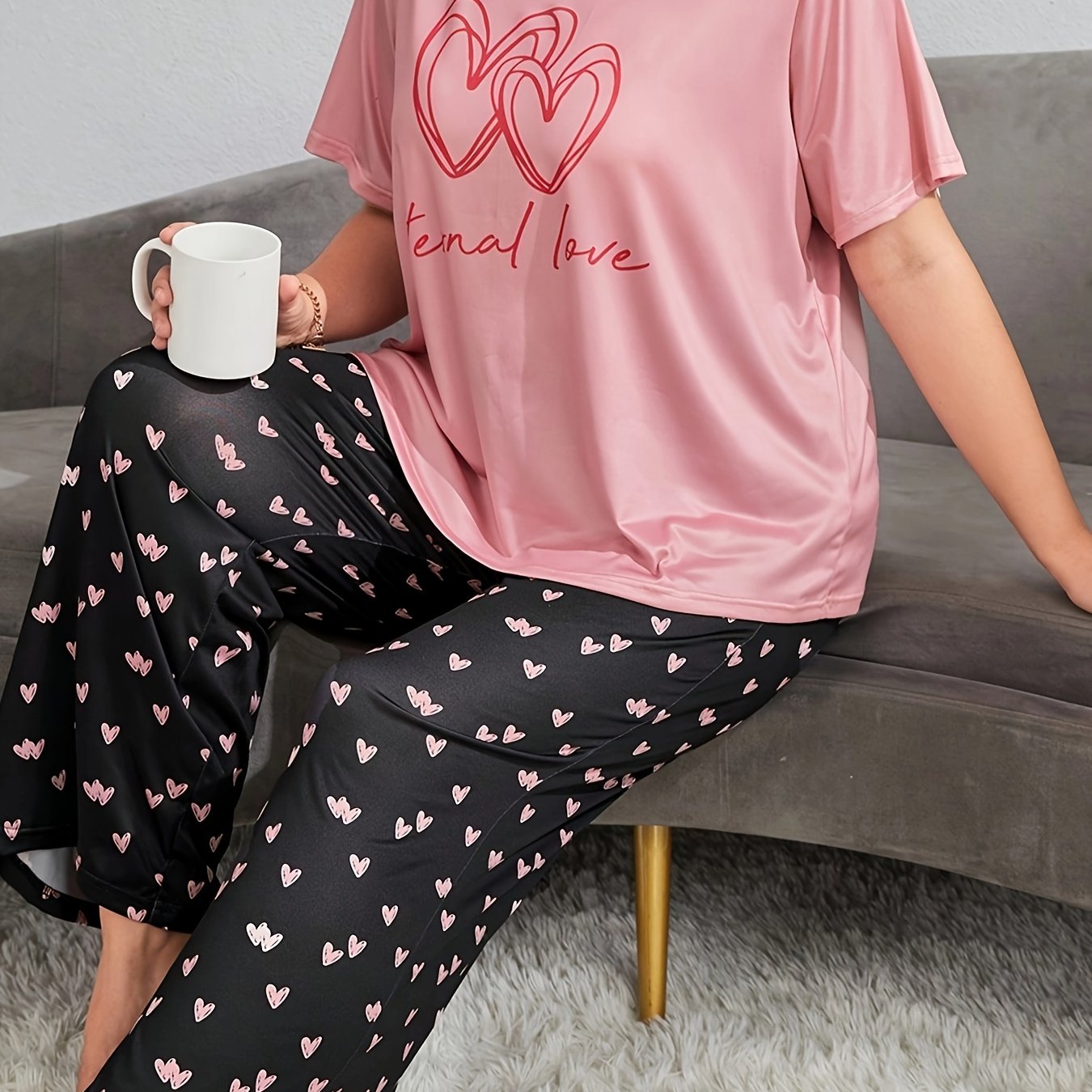 Heart & Slogan Print Pajamas Set Women's Tee & Pants Lounge 2 Piece
