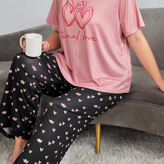 Heart & Slogan Print Pajamas Set Women's Tee & Pants Lounge 2 Piece