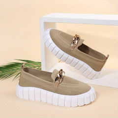 Chain Decor Platform Sneakers Slip On Outdoor Breathable Knit Shoes