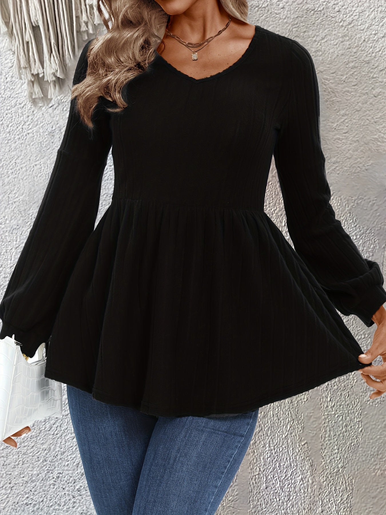Solid Long Sleeve V Neck Knit Top Medium Stretch Sweater