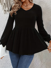 Solid Long Sleeve V Neck Knit Top Medium Stretch Sweater