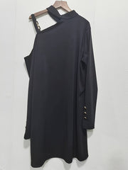 Plus Solid Metal Decor One Shoulder Dress