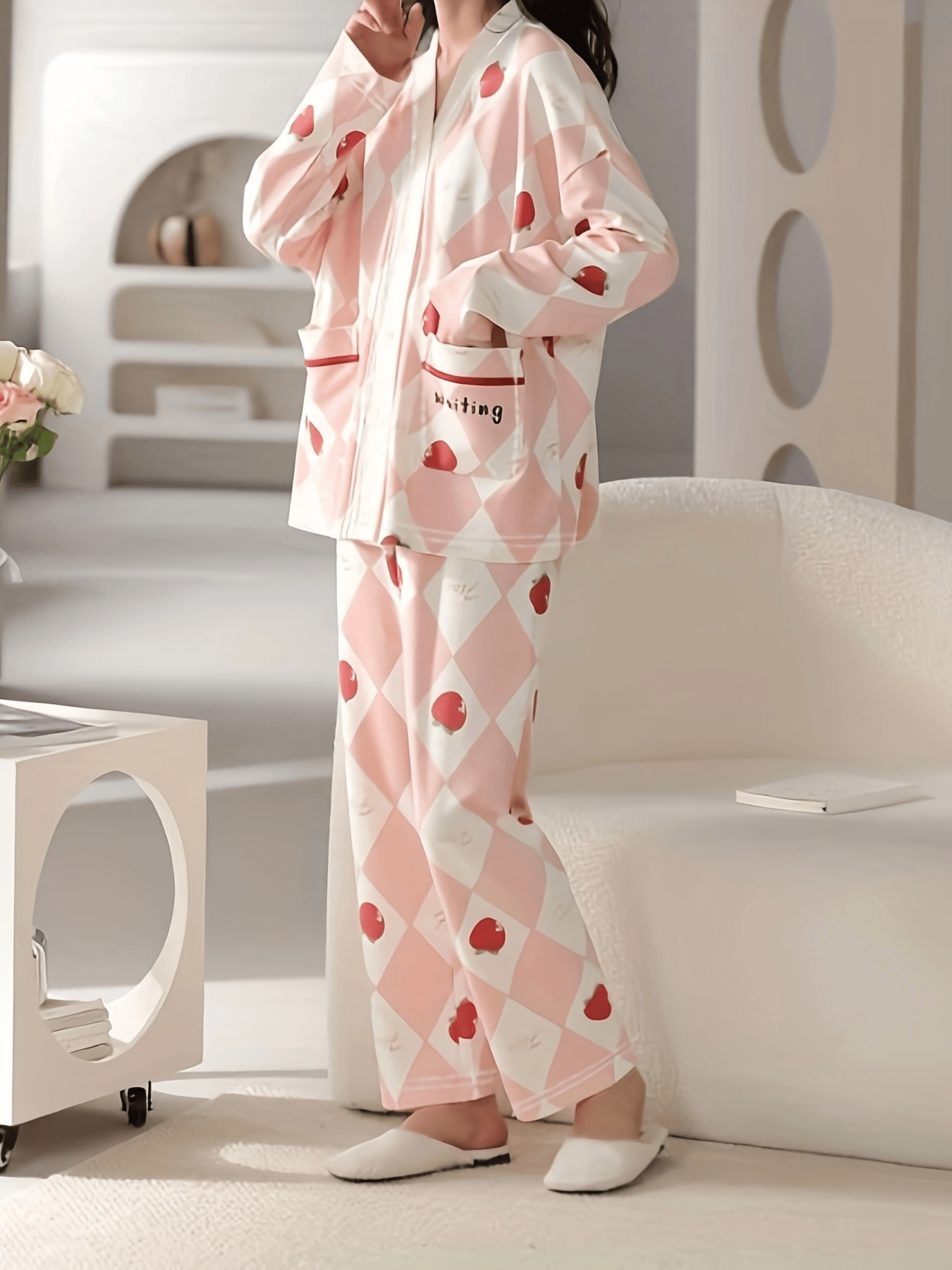 Fruit Print Pajama Set Long Sleeve V Neck Buttons Top & Argyle Pants