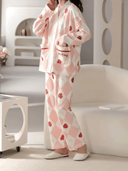 Fruit Print Pajama Set Long Sleeve V Neck Buttons Top & Argyle Pants