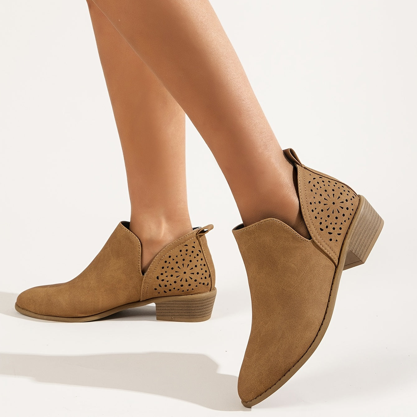 Women's Hollow Out Block Heel Ankle Boots Pointed Toe Slip On V cut Stacked Heel
