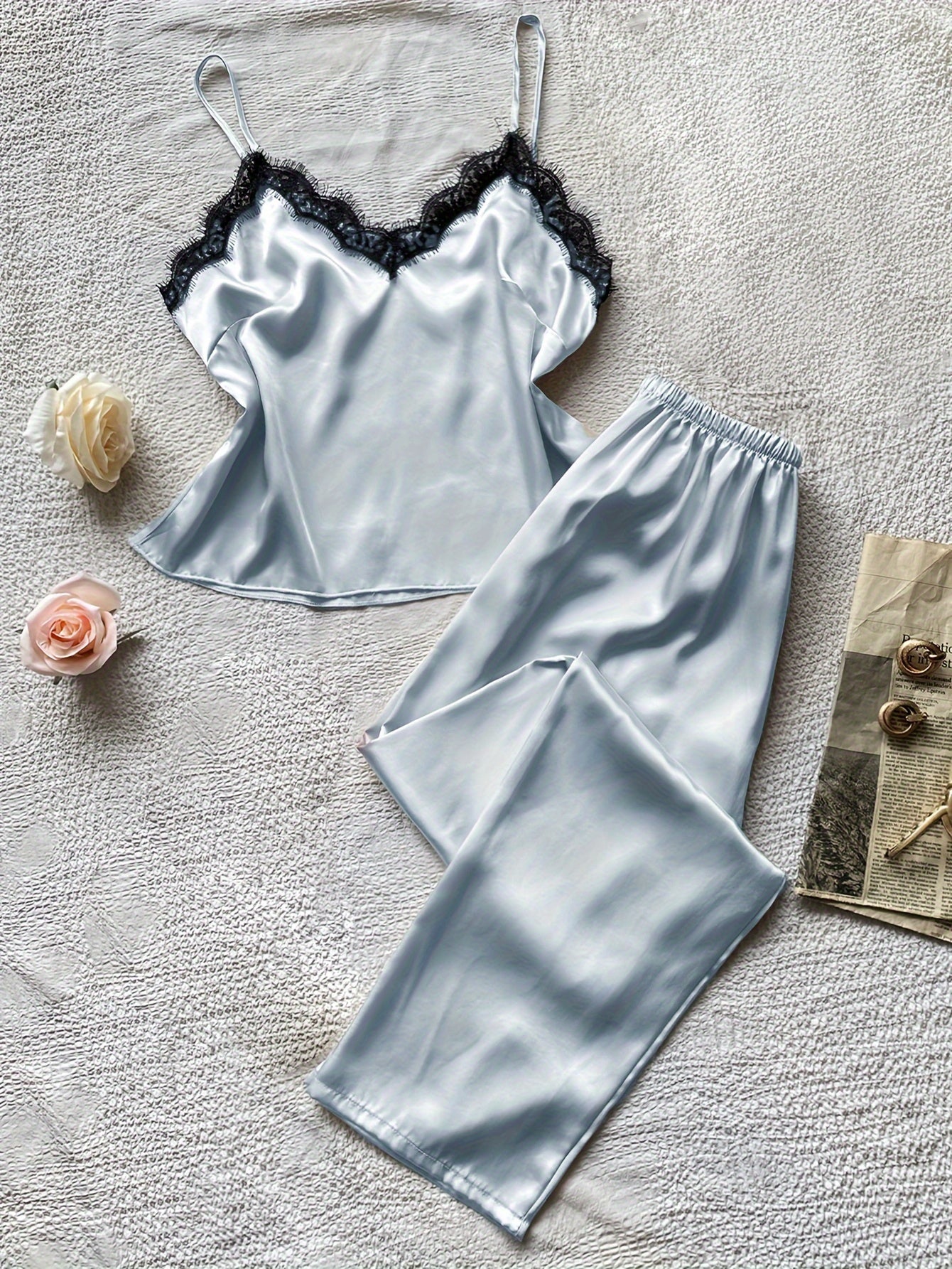 Lace Trim Pajama Set V Neck Cami Top & Pants Women's Sleepwear