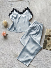 Lace Trim Pajama Set V Neck Cami Top & Pants Women's Sleepwear