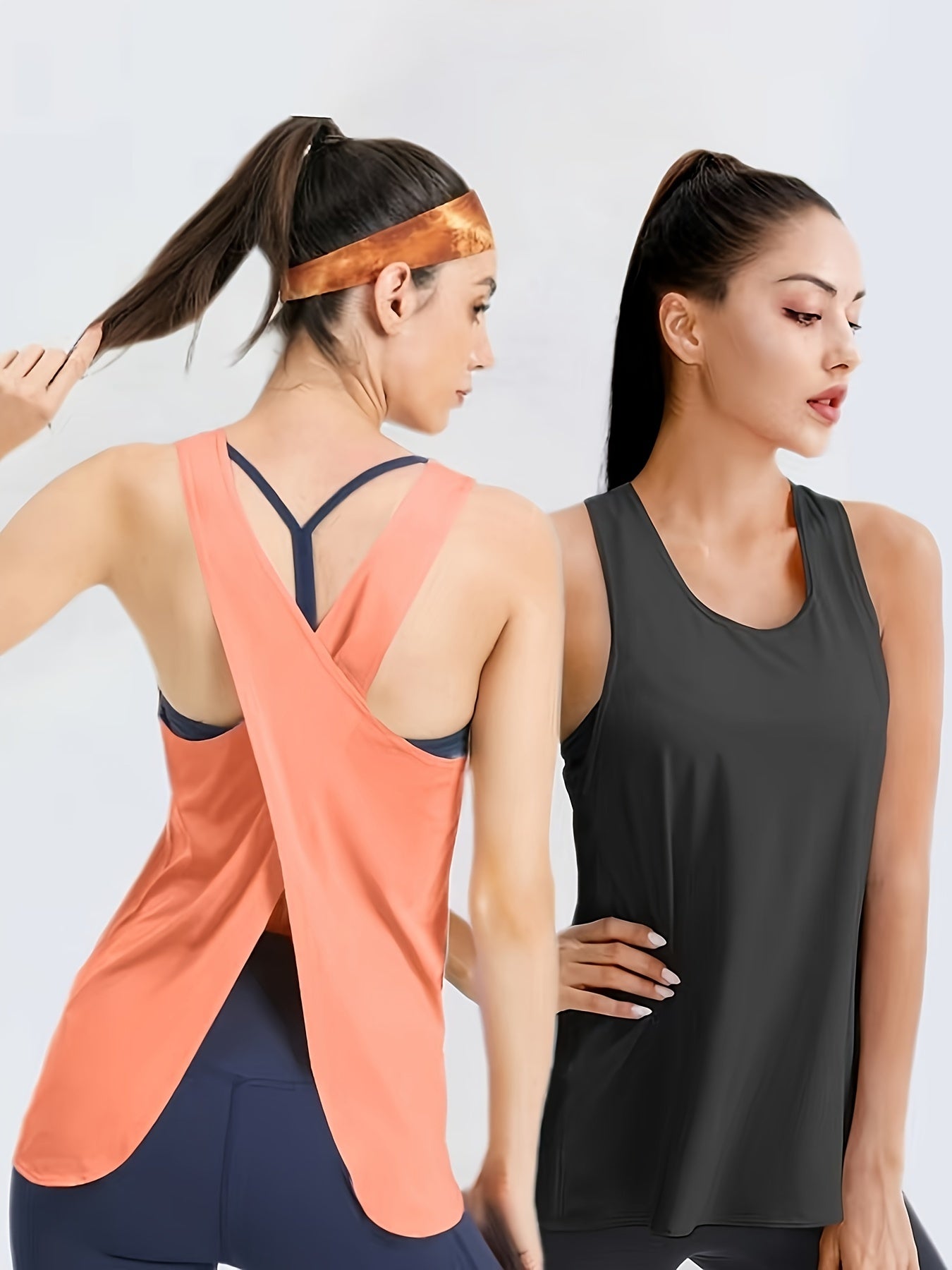 2Pcs Solid Sports Vest Round Neck Back Split Quick Drying Sporty Top