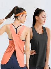 2Pcs Solid Sports Vest Round Neck Back Split Quick Drying Sporty Top