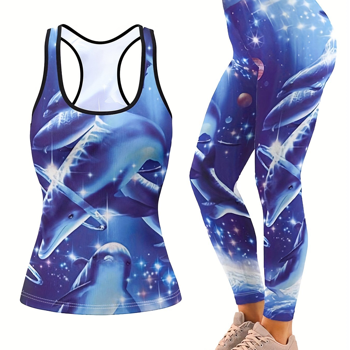 Women's Plus Glitter Dolphin Print Tank Top & Leggings Set