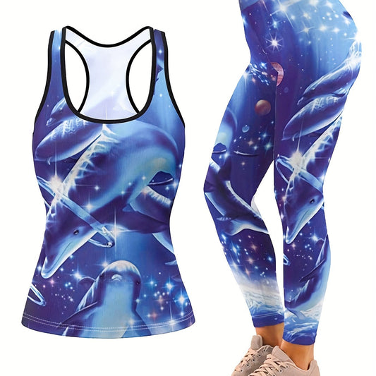 Women's Plus Glitter Dolphin Print Tank Top & Leggings Set