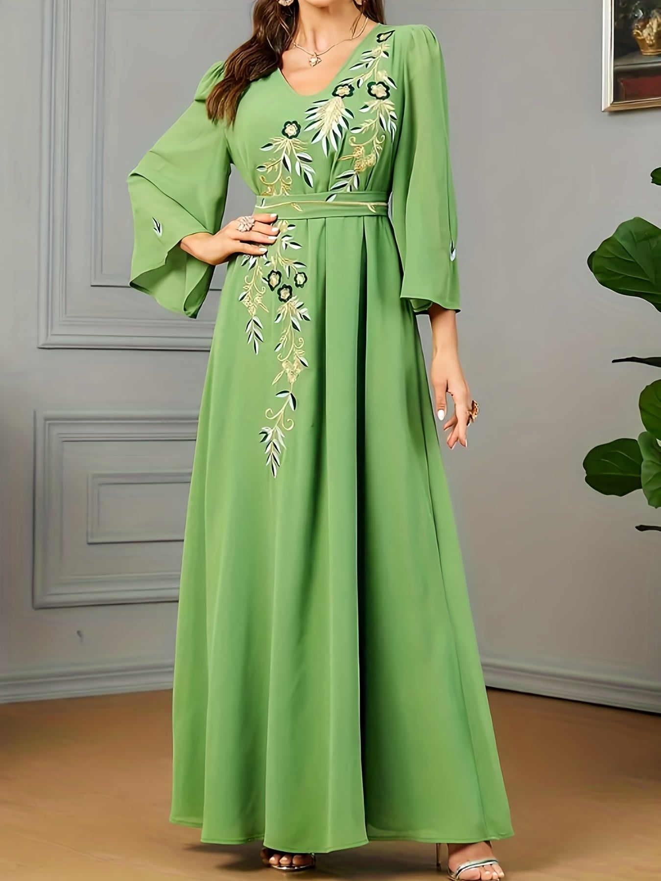 Floral Embroidery V Neck Maxi Jalabiya Dress