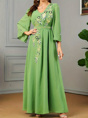 Floral Embroidery V Neck Maxi Jalabiya Dress