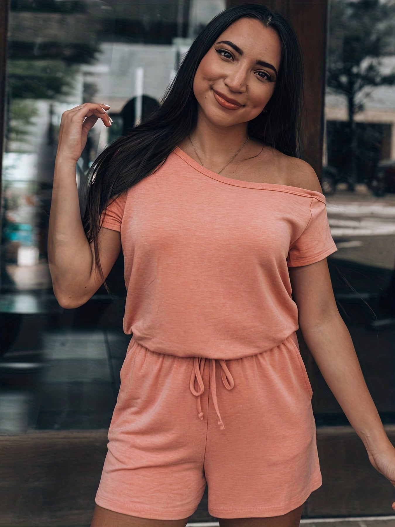 Off Shoulder Romper Jumpsuit with Pockets for Summer