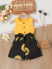 Girls Sunflower Pattern Sleeveless Casual Romper Jumpsuit with Belt