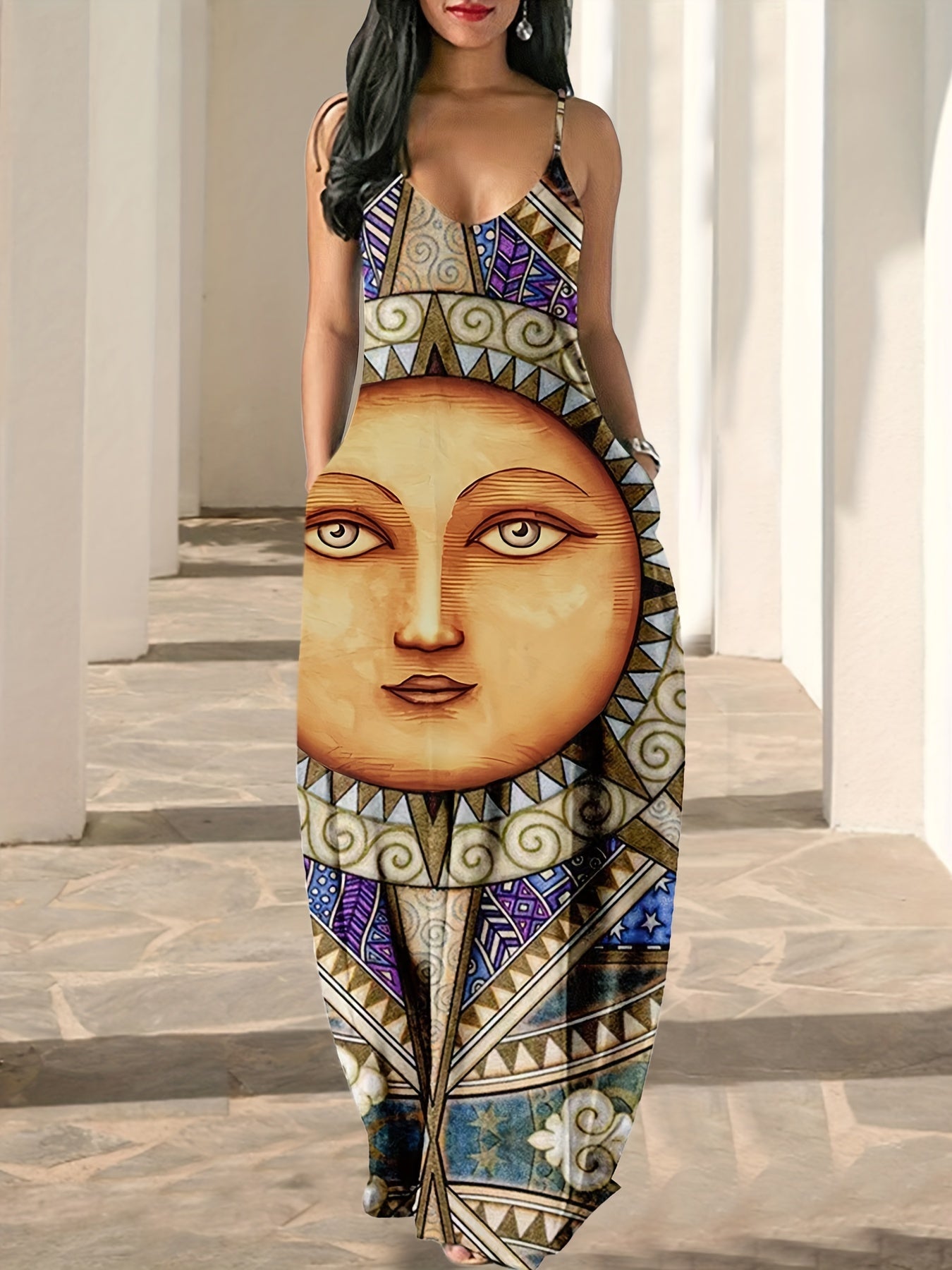 Graphic Print V Neck Maxi Cami Dress
