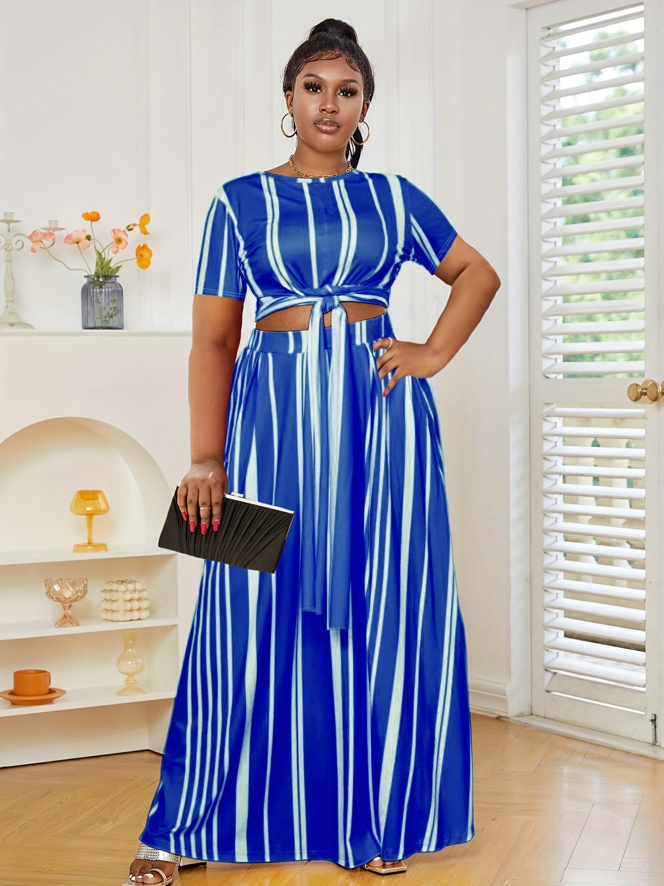 Stripe Print Short Sleeve Crop Top & Maxi Skirt Set