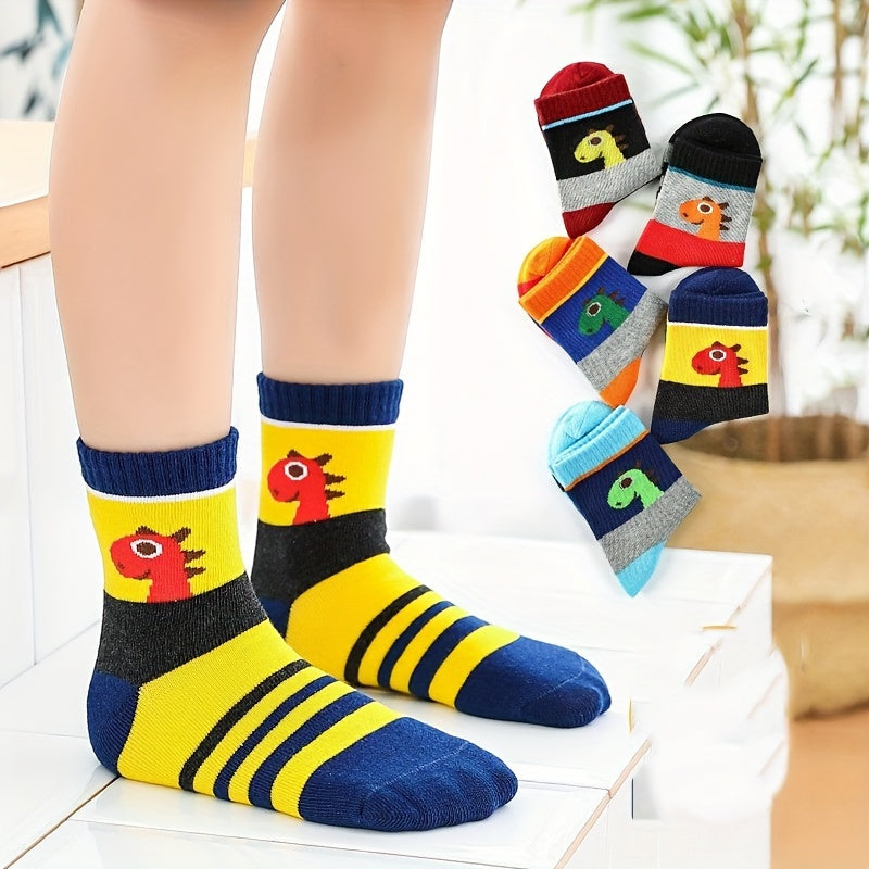 5 Pairs Boy's Cartoon Dinosaur Pattern Crew Socks - Unisex Outdoor Style