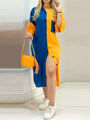 Colorblock Button Up Half Sleeve Shirt Dress
