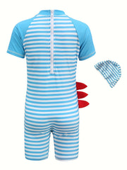 Boys Dino Stripe Swimsuit & Cap for Beach Summer Vacay