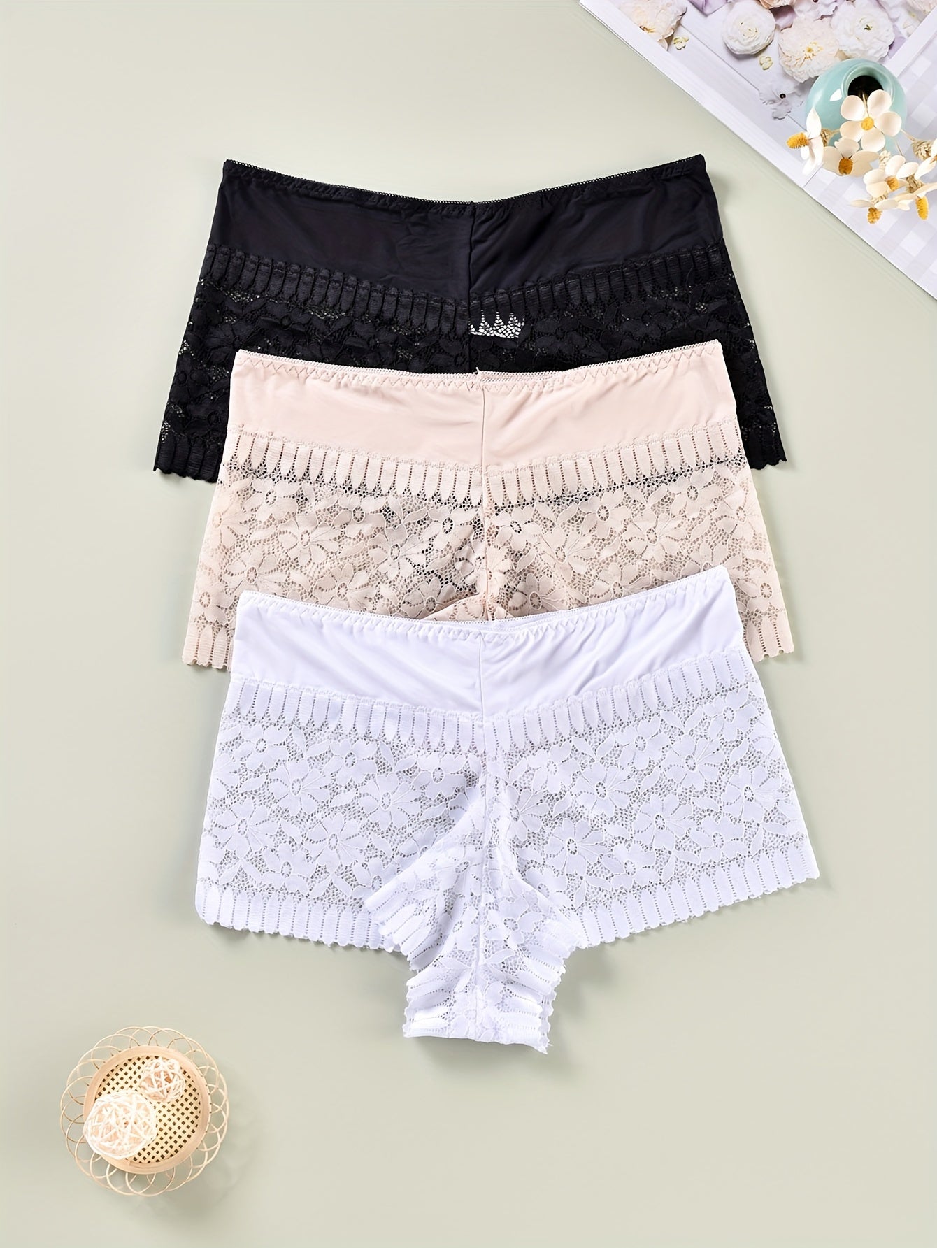 3 Pack Plus Size Panties Set Women's Plus Floral Lace Wide Waistband