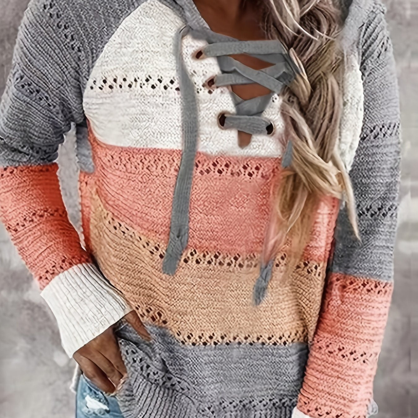 Colorblock Lace Up Hooded Sweater Long Sleeve Pullover Top