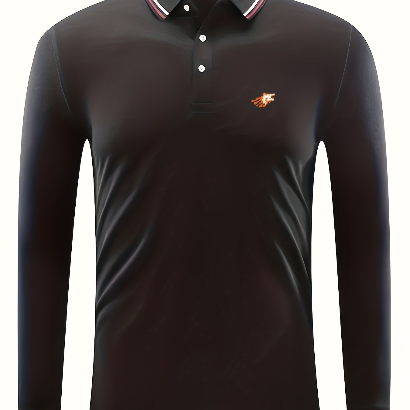 Men's Wolf Head Print Polo Shirt Casual Breathable Long Sleeve Shirt