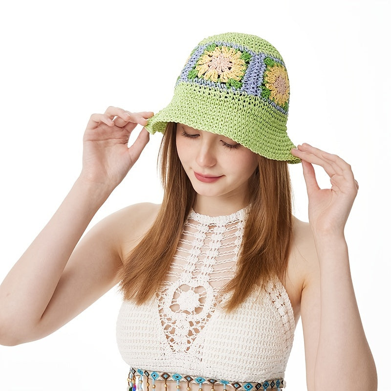 Green Flower Crochet Bucket Hat Breathable Straw Beach Travel Sun Hat