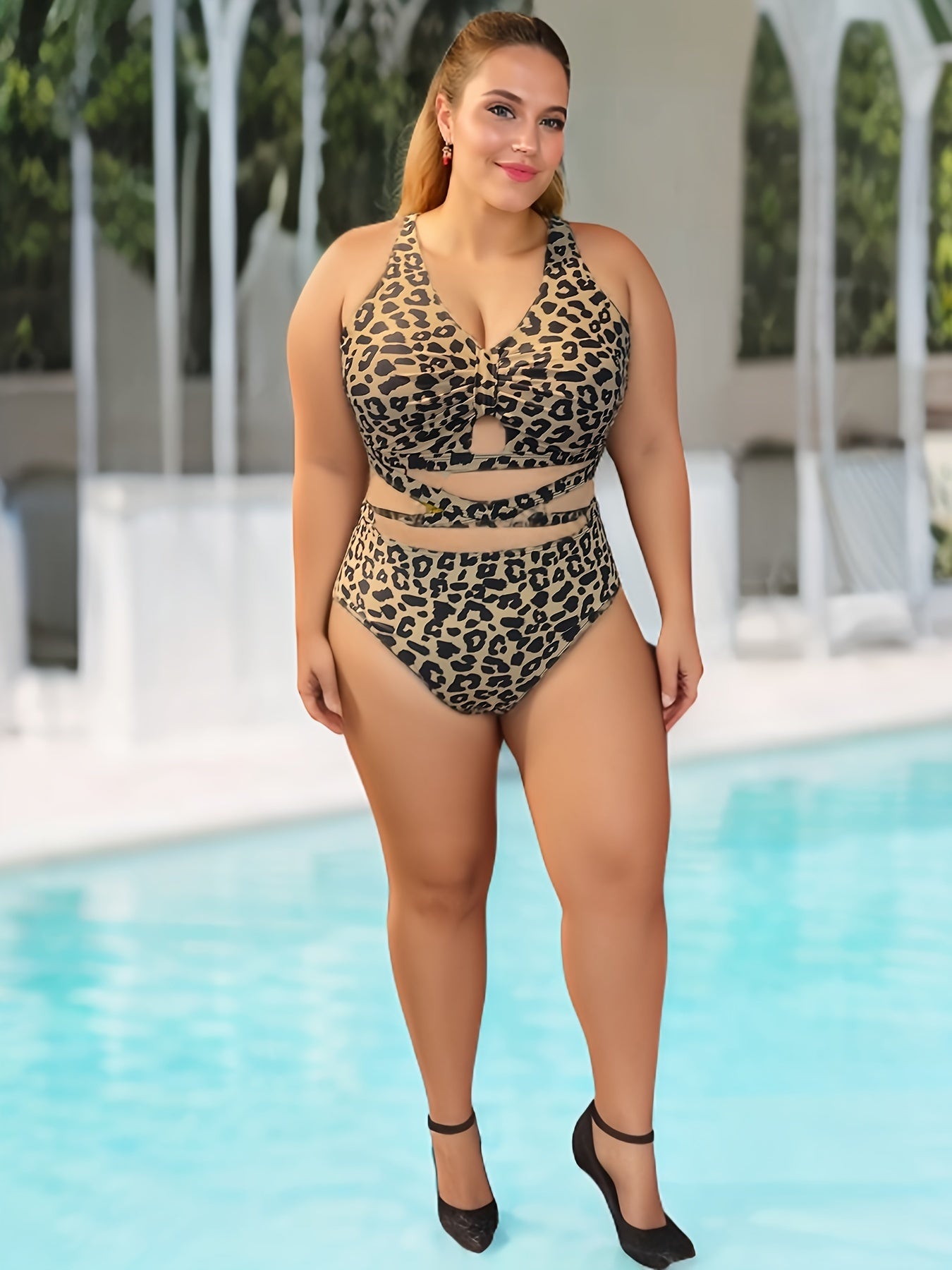 Leopard Print Bikini Set Crisscross Back Tie Bra & Panty Swimsuit