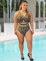 Leopard Print Bikini Set Crisscross Back Tie Bra & Panty Swimsuit