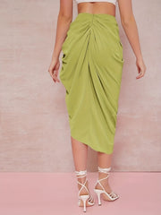 Side Slit Ruched Midi Skirt Solid Summer Casual Skirt Women's Clothing