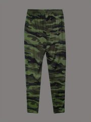 Letter Print Slanted Shoulder Split Tops & Camo Print Long Pants Set