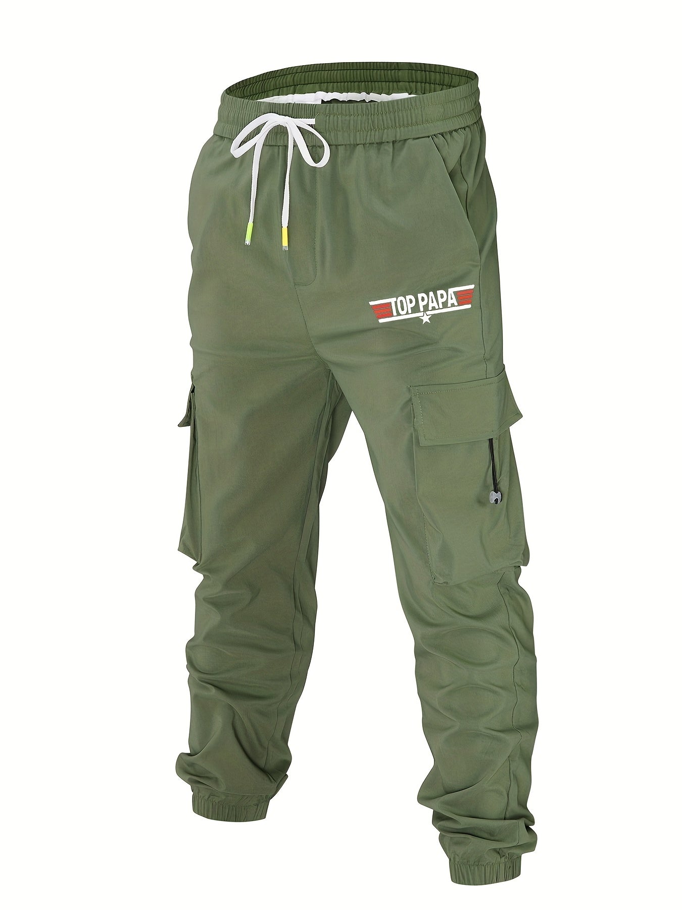 PAPA Print Cargo Pants Men's Loose Fit Drawstring Solid Joggers