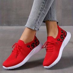Leopard Print Knit Sports Shoes Breathable Lace Up Running Casual Sneakers
