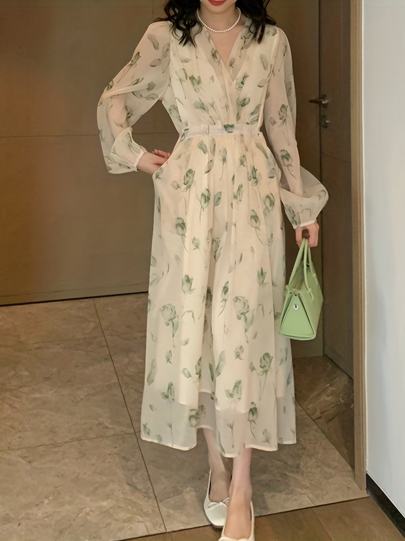Floral Print Surplice Neck Dress Chiffon Long Sleeve