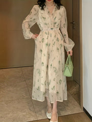 Floral Print Surplice Neck Dress Chiffon Long Sleeve