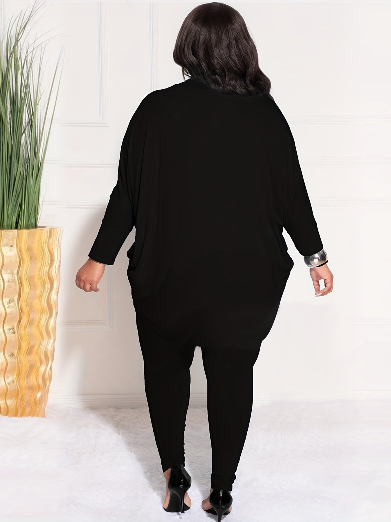 Plus Size Solid Side Ruched Long Sleeve Cardigan & Pant Set