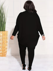 Plus Size Solid Side Ruched Long Sleeve Cardigan & Pant Set