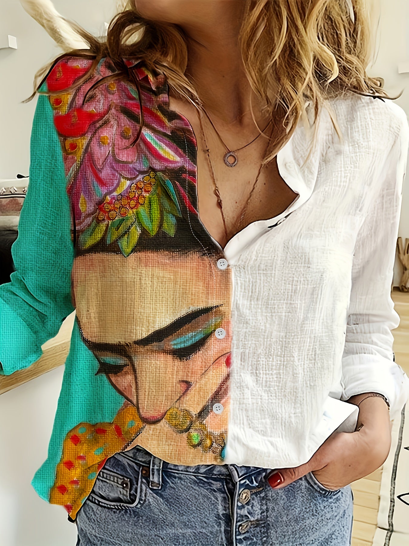 Colorblock Cartoon Print Button-Up Casual Blouse